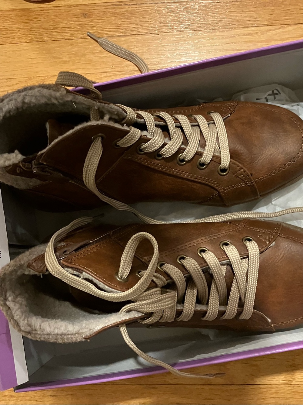 Women’s Brown Faux-Shearling Ankle Booties with Lace-Up Front vegan,worn once